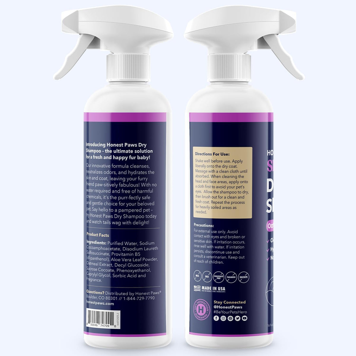 Honest Paws Dog Dry Shampoo - Waterless No Rinse Spray Formula Reducing Itch Cleanse Hydrate Nourish Dry Skin and Smelly Coat Help Decrease Odor Shedding and Allergies - Oatmeal & Lavender - 16 oz