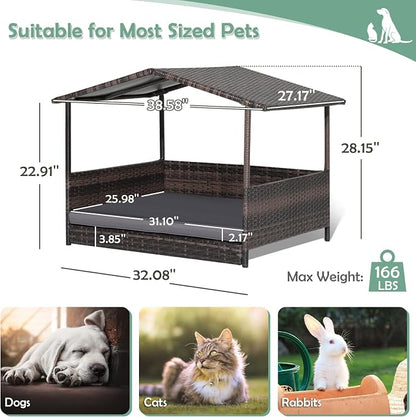 Wicker Dog Bed House, Indoor Outdoor HDPE Rattan Dog Houses, Raised Dog Cot Pet House, Elevated Pets Sofa w/Washable Cover, Waterproof Roof Shelter, Removable Cushion Lounge