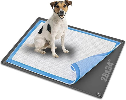 Dog Pee Pad Holder Tray Fits for 28” x 34” Pee Pads - 1 Pack - Grey | Corner Lock Holes, Raised Edges, Non-Spill, Easy to Clean Silicone Dog Potty Tray Holder, For Indoor Floor Protection