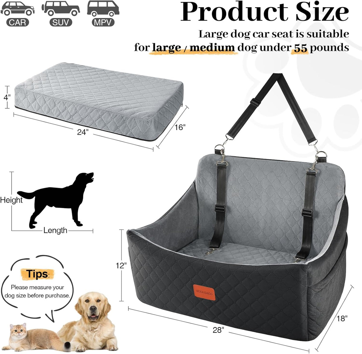 Dog Car Seat for Medium & Large Dogs Up to 55lbs, Memory Foam Cushion, Washable Cover, Safety Straps & Non-Slip Base(Black/Grey,Large)