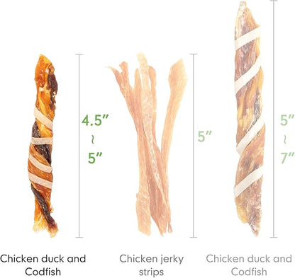 MON2SUN Dog Treats, Triple Flavor Jerky Twist Sticks, 4.5-5 Inch Chicken Duck and Codfish Sticks Chews for Small Dogs, Healthy Snacks, 10.58 oz (30 Count-Pack of 1)