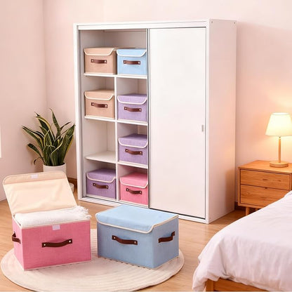 2PCS Storage Boxes with Lid Cotton Linen Fabric Storage Bins Organizer Container Decorative Collapsible Washable Shelf Closet Baskets Faux Leather Handles Home Bedroom (Pink, Large)