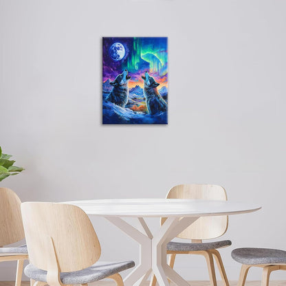 Wolf Wall Art Wolves Canvas Wall Decor Prints Framed Painting Aurora Pictures Gifts Artwork for Bathroom Bedroom Living Dining 12"x16"
