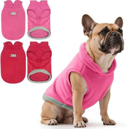 Idepet 2 Pack Dog Fleece Vest Sweater Warm Pullover Jacket with D-Ring Leash Reflective Winter Coat Hoodie for French Bulldog Pug Chihuahuas Yorkies Dachshunds(Red&Rose Red,X-Large-French Bulldog)