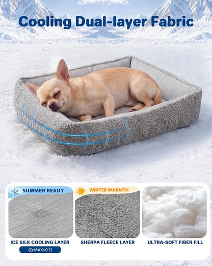 Cooling Dog Bed for Small Medium Dogs - Reversible Design (Ice‑Silk Cooling Layer | Sherpa Fleece Layer), Washable Dog Cooling Mat for Crates, Beds, Sofas 20" × 14"