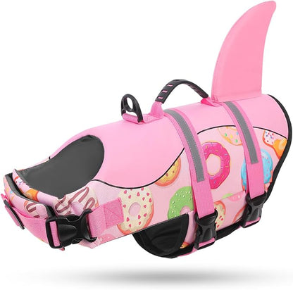 Dog Life Jacket, Dog Life Vest for Swimming, High Buoyancy Shark Swimming Safety Vest for Extra Large Dogs, Reflective Pet Lifesaver Preserver with Rescue Handle, Pink Donut 2XL