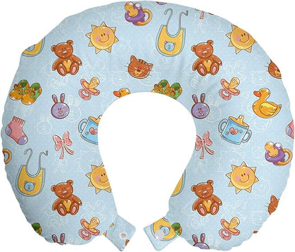 Ambesonne Cartoon Travel Pillow Neck Rest, Sun Teddy Bear Ribbon Feeder Pacifier Chick Kitty Cat Design, Memory Foam Traveling Accessory for Airplane and Car, 12", Pale Blue Cinnamon
