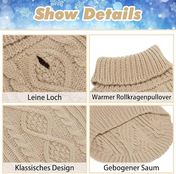 BINGPET Thermal Knitted Dog Sweater for Small Medium Large Dogs,Winter Dog Cat Coat Warm Sweartershirts Outfits,Classic Cable Knit Turtleneck Pullover Dog Jumper Coat Warm Sweartershirts