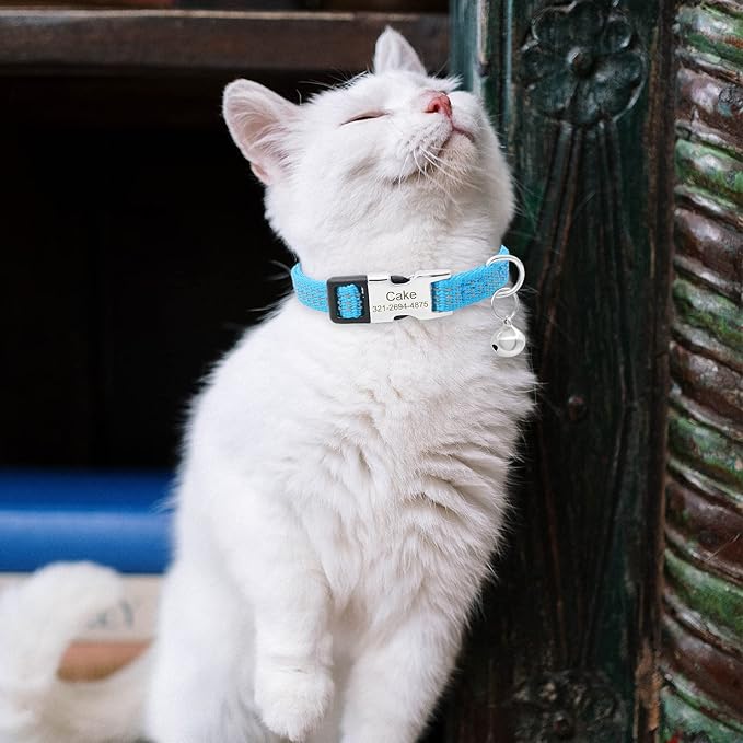 Personalized Reflective Nylon Cat Collar with Name Phone,Custom Engraved Buckle Cat Collar with Bell,Adjustable for Small Dogs Puppy Kitten (Light Blue,fit 7.5''-12.0'')