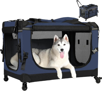 30IN Soft Collapsible Dog Crate w Detachable Wheels, Rolling Travel Dog Crate for Medium Breed Dogs, Portable Dog Kennel with Mesh Windows, Indoor & Outdoor Uses