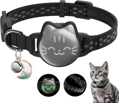 Waterproof Airtag Cat Collar, Breakaway Cat Airtag Collar with Luminous & Reflective Fish Pattern, Lightweight Kitten Collars for Apple Air tag, Hidden GPS Tracker Holder for Cats, Kittens(9-13")