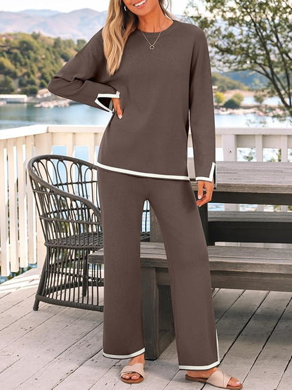 LILLUSORY Women Fall 2 Piece Lounge Set Outfits Sweatsuits Long Sleeve Sweater Tops Wide Leg Pants