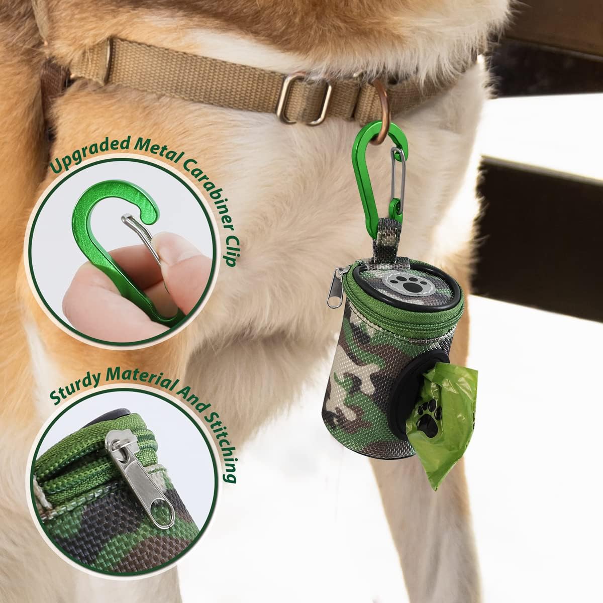 Dog Poop Bag Holder for Leash Doggie Waste Bag Dispenser Puppy Potty Carrier Small Doggy Zipper Pouch with Carabiner Clip 1680D Nylon Oxford with 1 Roll of Pet Trash Bags, Woodland Camo