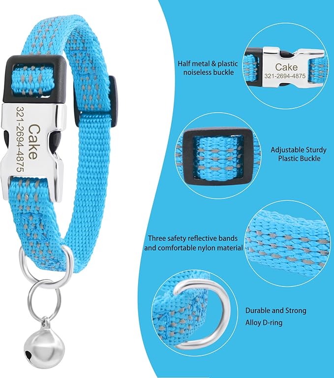 Personalized Reflective Nylon Cat Collar with Name Phone,Custom Engraved Buckle Cat Collar with Bell,Adjustable for Small Dogs Puppy Kitten (Light Blue,fit 7.5''-12.0'')