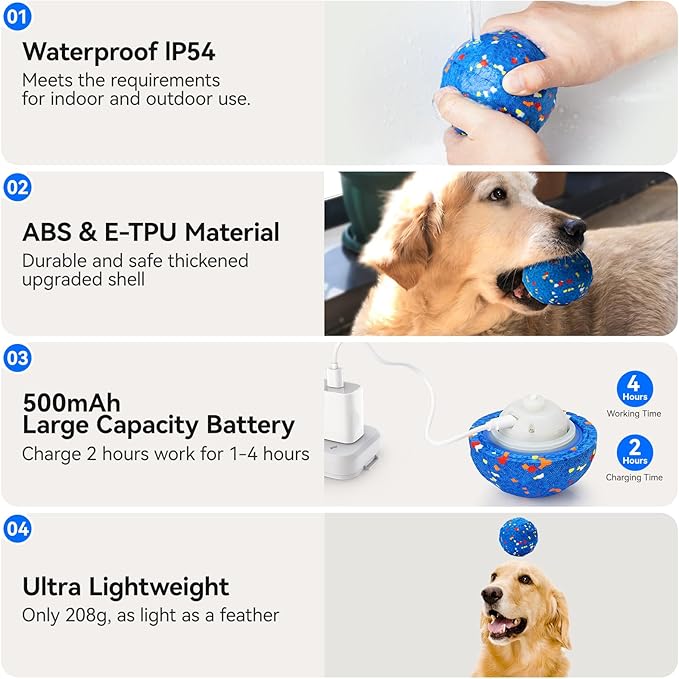 2025 Smart Interactive Dog Toys for Aggressive Chewers, Self Moving Interactive Dog Ball, Automatic Vibrating Toy, E-TPU Material Chew Proof Design for Boredom & Training for Medium and Large Dogs