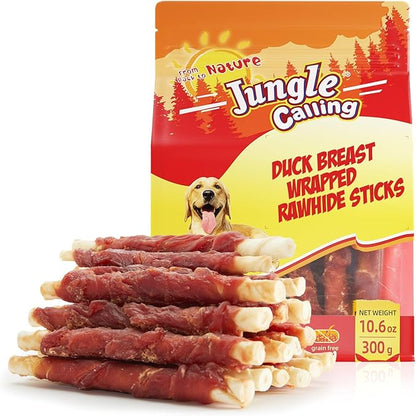 Jungle Calling Dog Treats, Duck Breast Wrapped Rawhide Sticks for Dogs, Grain-Free Natural Chewy Treats Picky Dogs, Puppy Chews Snacks,10.6 oz