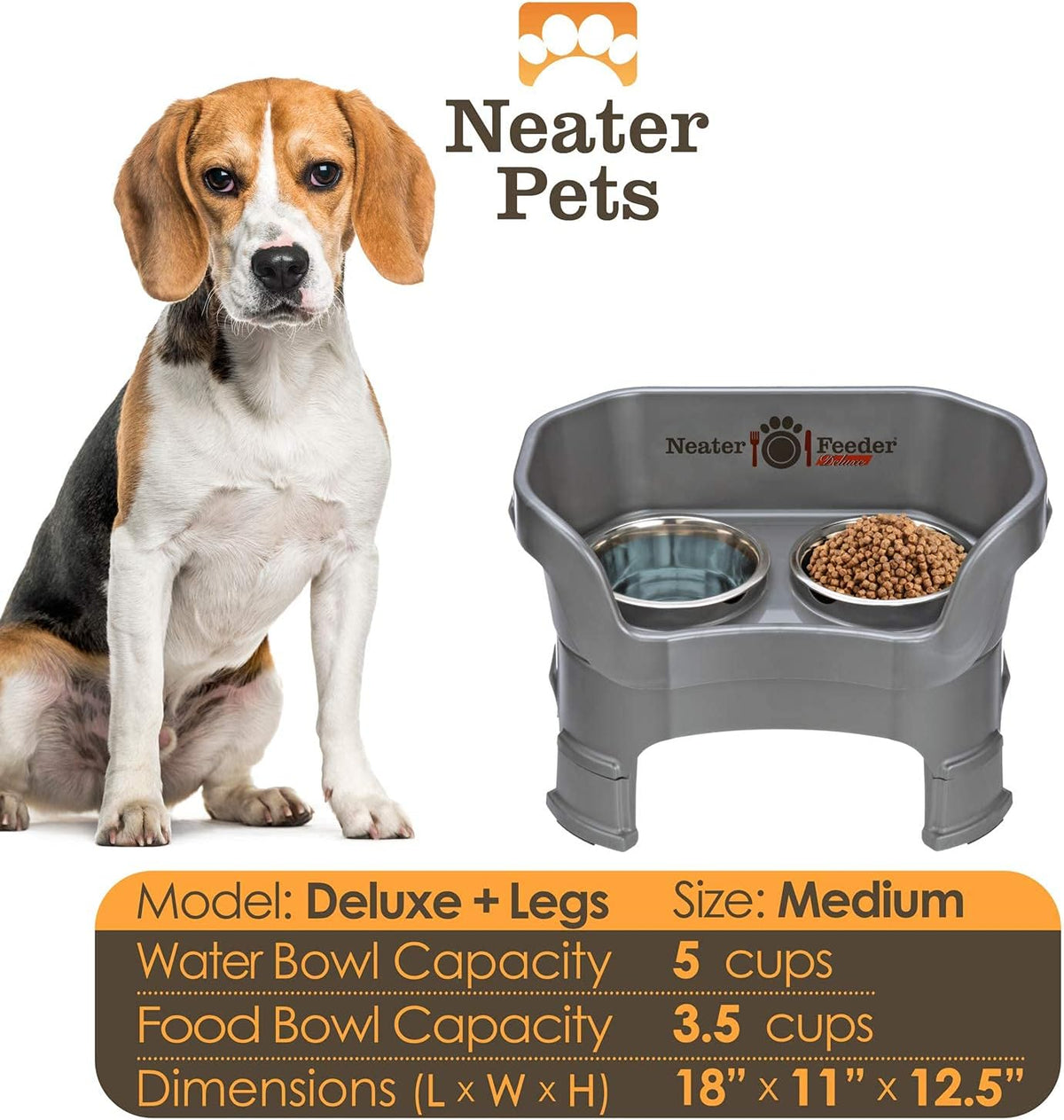 Neater Feeder Deluxe Mess Proof Dog Bowls Elevated Medium Sized Dogs (19-40 lbs) Made in USA, No Spill Raised Dog Food Bowl Stand w/Leg Extension, Stainless Steel Food and Water Bowl Set, Grey