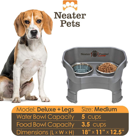 Neater Feeder Deluxe Mess Proof Dog Bowls Elevated Medium Sized Dogs (19-40 lbs) Made in USA, No Spill Raised Dog Food Bowl Stand w/Leg Extension, Stainless Steel Food and Water Bowl Set, Grey