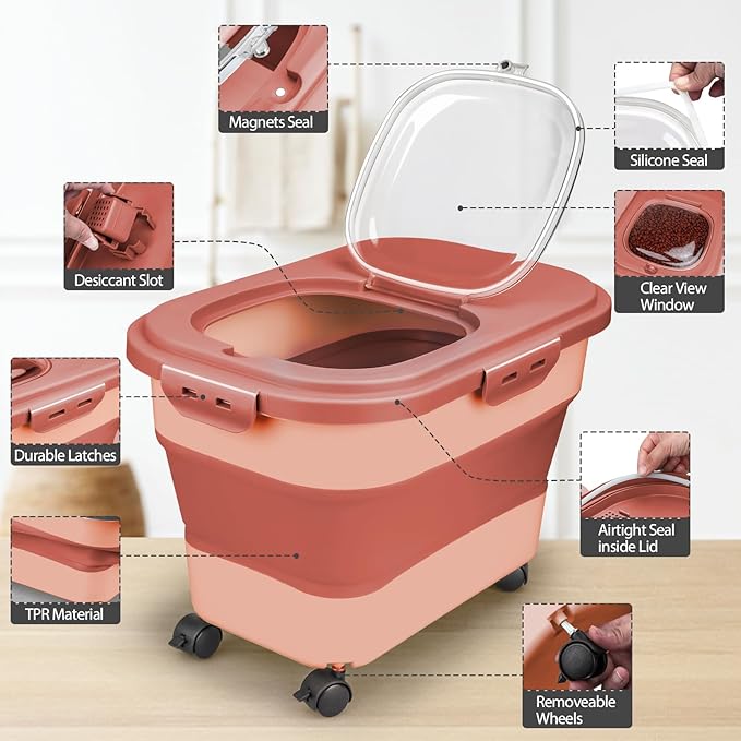 Dog Food Storage Container, 5-20Lbs Collapsible Pet Food Storage Containers with Rolling Wheel Airtight Locking Lid, Dry Food Storage Bin with Cup and Scoop,Suitable for Pet Food, Rice, Flour