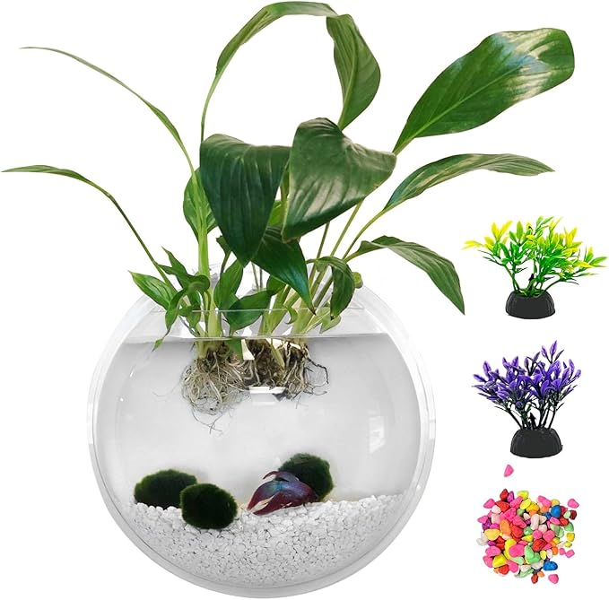 kathson Wall Fish Bowl Acrylic Hanging Aquarium Wall Mounted Bubble Betta Fish Tank Bowl Decor Plant (7.28in)