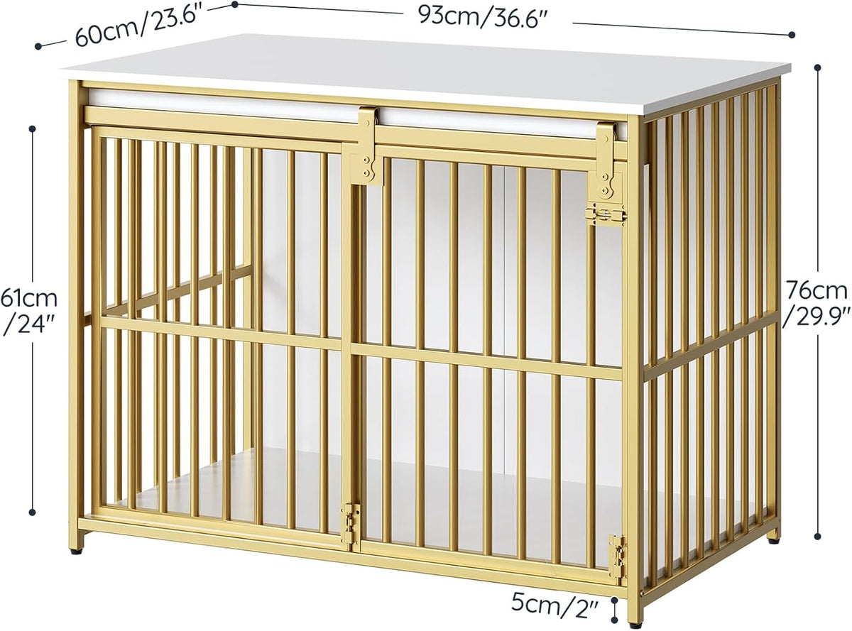 HOOBRO Dog Crate Furniture, 36.6" Heavy Duty Dog Kennel with Sliding Barn Door, Wooden Dog Cage Indoor, Decorative Side End Table for Small/Medium Dogs, White and Gold GD162GW03G1