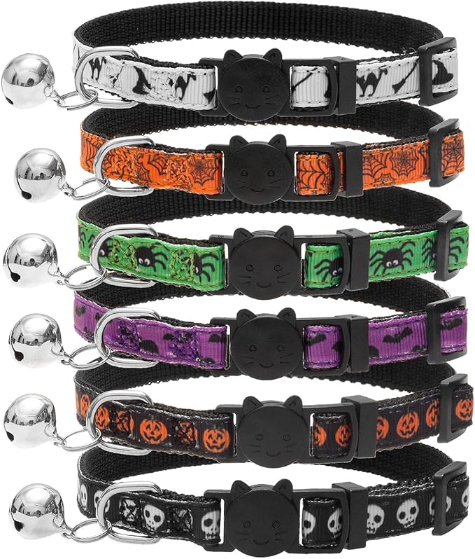 PUPTECK Halloween Cat Collar with Bell 6 Packs Breakaway - Soft Adjustable Kitten Kitty Collars for Small Pet Puppy Bunny with Safety Release Buckle