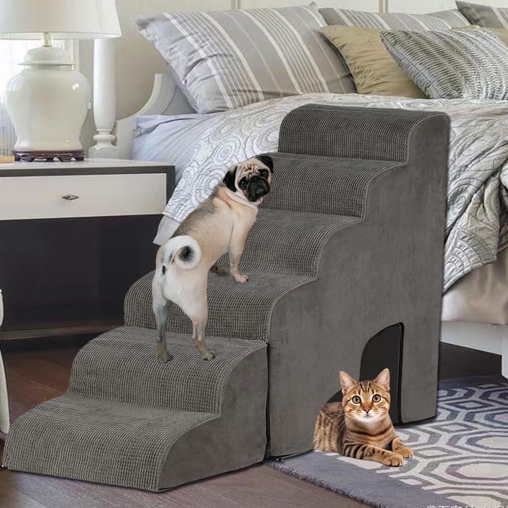 Dog Stairs for High Beds 25-30 inches Tall, 6-Step Dog Steps for High Bed for Doggies/Kitties, 30D Foam Pet Stairs Steps for Small Dogs, Dog Ramp/Ladder for Old Dogs/Cats, Grey