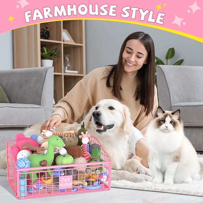 Indestructible Dog Toy basket, Medium Toy Box for Dogs,Pet Toy Bin Dog Metal Basket for Toys, Toy Storage Organizer, Living Room Area (Pink)
