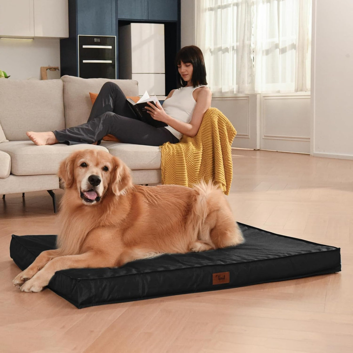 Outdoor Large Dog Bed, Waterproof Dog Bed for Large Dogs, Egg Crate Foam Pet Bed with Removable Washable Oxford Cooling Cover, Black