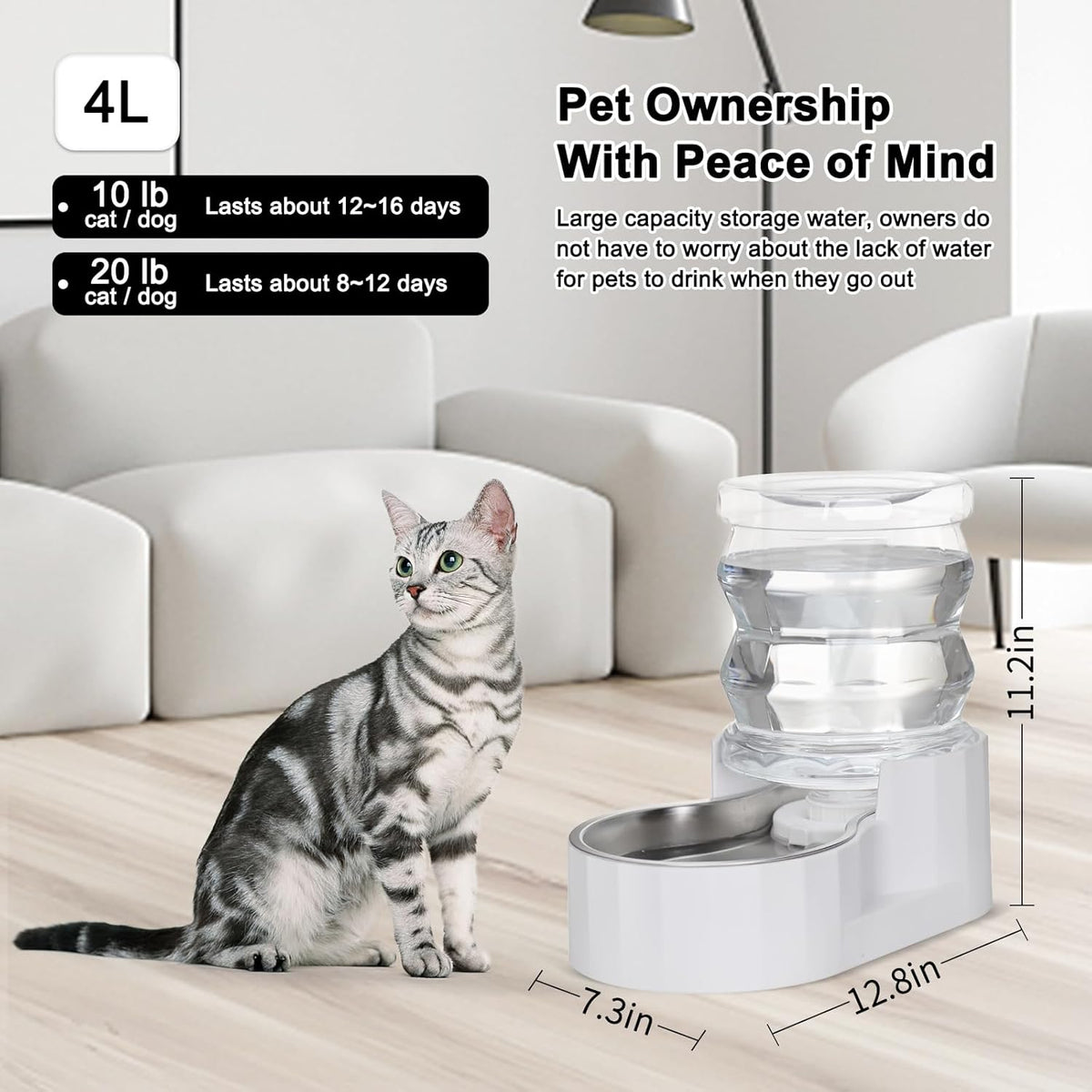 RIZZARI Pet Water Bowl Dispenser: 4L Automatic Stainless Steel Gravity Feeder - Large Capacity Ideal for Cats and Small Dogs - Indoor and Outdoor Hydration