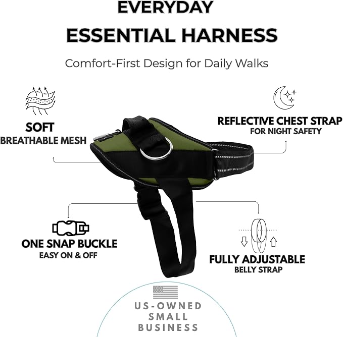 ShawnCo Essential Dog Harness, No-Pull Pet Vest (Olive Green,S) | 3 Leash Clips, Easy On, No-Choke, Reflective, Adjustable Fit, Padded Comfort, Control Handle, For Small, Medium & Large Dogs
