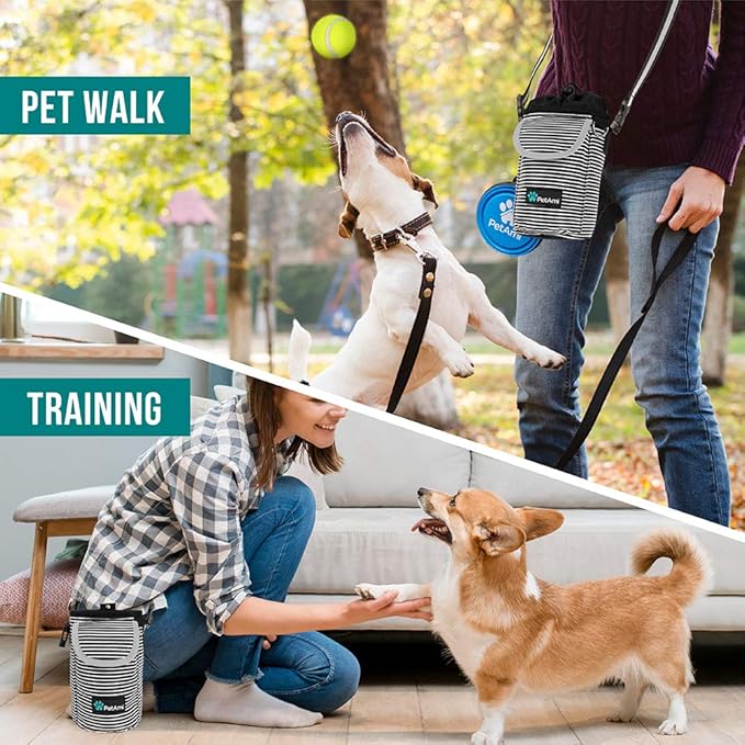PetAmi Dog Treat Pouch, Large Pet Training Treat Pouch with Pocket, Dog Trainer Essentials Supply Holder with Poop Bag Dispenser, Training Bag for Kibbles Toys, 3 Ways to Wear (Stripe Black)