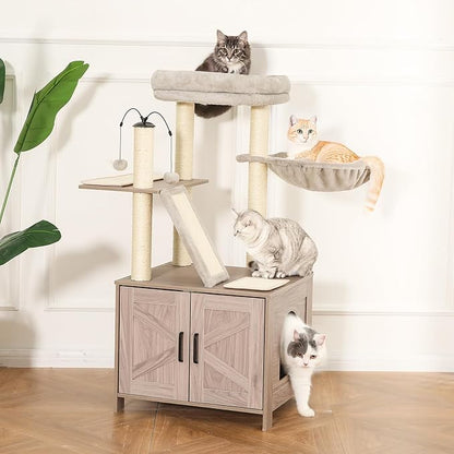 Amazon Basics Furniture Style Cat Tree with Litter Box Enclosure, Cat Tree with Scratching Posts, Sisal Pad, Cozy Perch and Hammock
