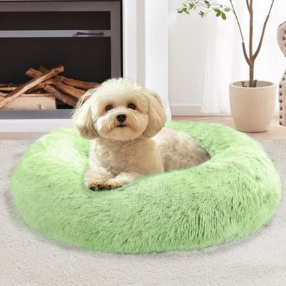 JOLLYVOGUE Calming Dog Beds Large Sized Dog, 36in Donut Washable Large Pet Bed, Anti-Slip & Anti-Anxiety Fluffy Faux Fur Round Dogs Bed, Fits up to 80 lbs Pets (Light Green)