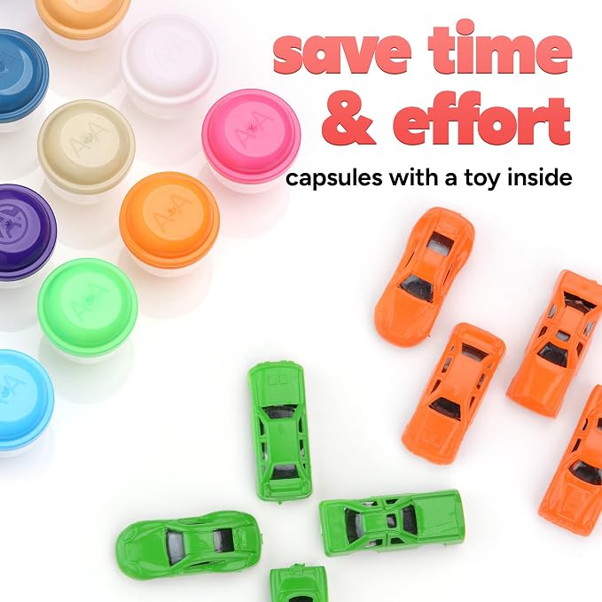 Racing Car Toys in Capsules - 50 Pcs - 1.1 Inch Plastic Capsules with Mini Racing Cars Toys for Kids inside - Bulk Easter Basket Stuffers Classroom Prizes