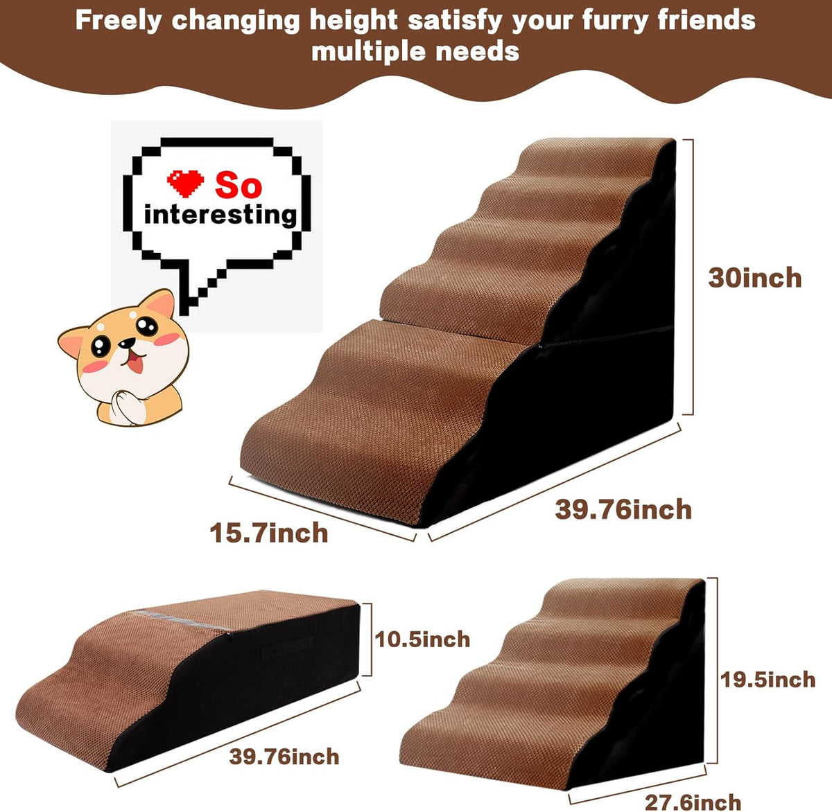 Dog Stair Steps for High Bed, 6-Step Dog Ramps for High Beds Climbing for Doggy/Kitty, Curved Pet Stairs for Small/Old Dogs/Cats, Brown