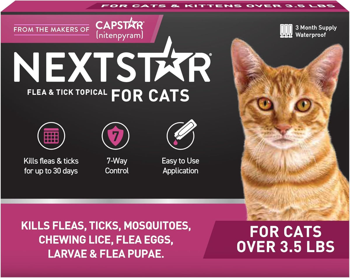 NEXTSTAR Flea and Tick Prevention for Cats, Repellent, and Control, Fast Acting Waterproof Topical Drops for Cats Over 3.5 lbs, 3 Month Dose