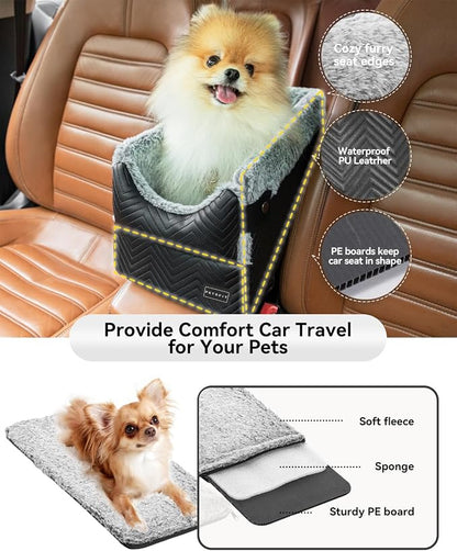 PETSFIT Dog Console Car Seat with Dual Adjustable Seat-Rail Anchor Hooks | Anti-Collapse Leather Armrest Booster Carseat with Safety Tether, Washable Cushion, Soft Pillow for Pets Under 8 lbs, Black