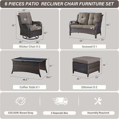 Belord Wicker Outdoor Furniture Patio Furniture Set - 6 Piece Patio Conversation Set with Swivel Rocker Chairs, Loveseat Sofa, Ottomans and Coffee Table, Gray Cushion