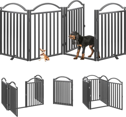 BHG Metal No-Assembly Freestanding Dog Gate with Door Walk Through, Extra Wide 96", Extra Tall 32" Pet Gate, Accordion Puppy Folding Playpen Dog Fence for Indoor & Outdoor, with 2PCS Support - Black