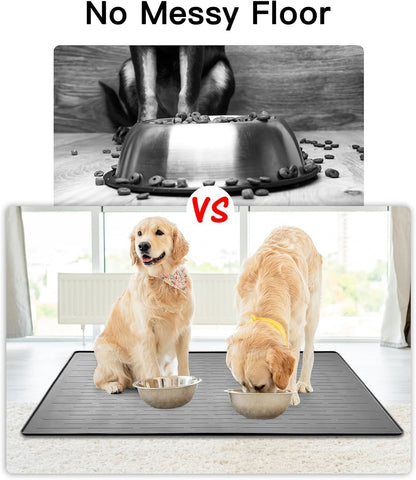 39.4"x29.5" Large Pet Food Mat, Silicone Dog Mats for Food and Water, Nonslip Pet Feeding Mats for Floors,Dog Cat Bowl Mat with Raised Edges, Dark Gray