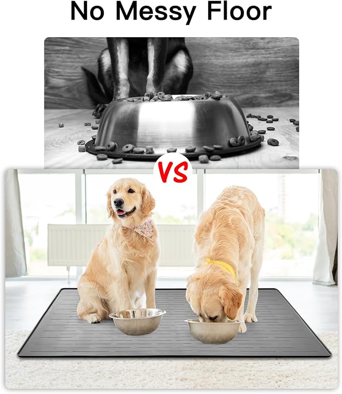 48" x 32" XXXL Largest Pet Food Mat, Silicone Dog Mats for Food and Water, Nonslip Pet Feeding Mats for Floors,Dog Cat Bowl Mat with Raised Edges, Beige