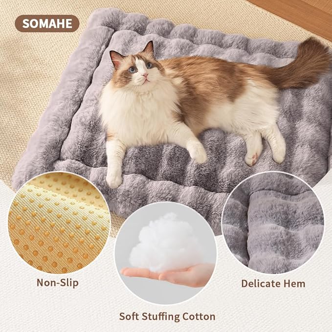 Cat Beds for Indoor Cats Faux Fur Pet Pad Mat Plush Kitten Bed with Non-Slip Bottom for Carriers/Couch Dog & Puppy Friendly 35 x 27 Inch X-Large Gery