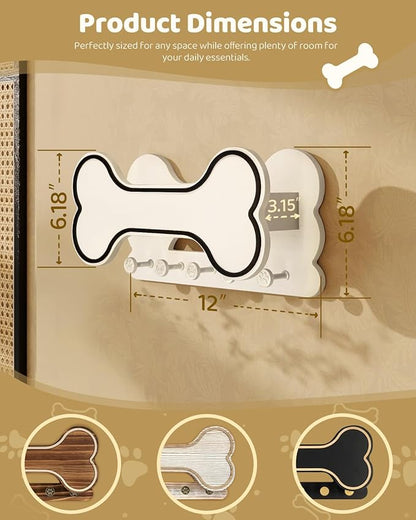 Decorative Dog Leash Holder for Wall - Doggie Bone Shape Key Holder Wall Mount with 5 Chic 3D Puppy Paw Hooks & Dog Stuff Storage Shelf - Apartment Essentials (Black & White)