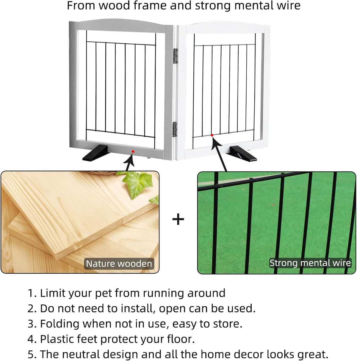 ZJSF Freestanding Dog Fence Indoor, Foldable Dog Gate for Doorways, Stairs or Hallways, Sturdy Wood Extra Wide Pet Gate with Support Feet for The House, White, 24 "Height-2 Panels