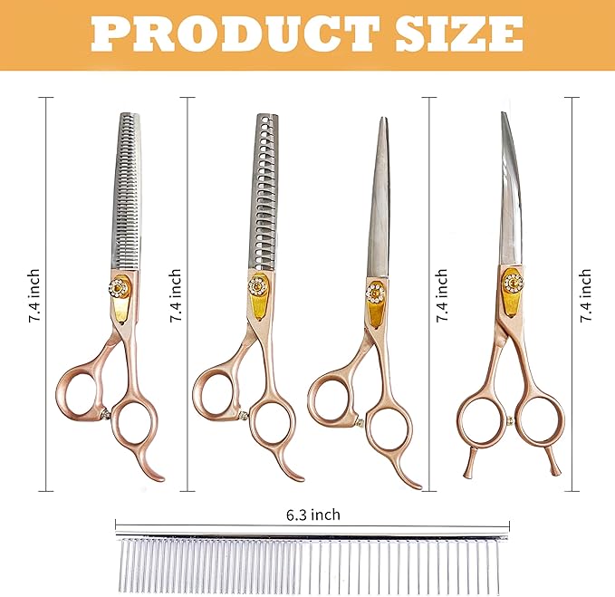 7 Inch Professional Dog Grooming Scissors Kit, 6-in-1 Grooming Scissors for Dogs, Pet Grooming Shears Set, Straight Scissor & Thinning Shear & Curved Scissor & Chunker Shear (Rose Gold)