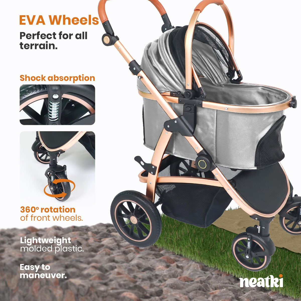 3 in 1 Pet Stroller - Stroller for Small to Medium Dogs and Cats up to 55 lbs, with Detachable Carrier/Car Seat, Foldable and Lightweight, Detachable Cushion + Cup Holder (Gray)