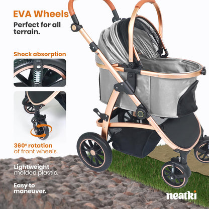 3 in 1 Pet Stroller - Stroller for Small to Medium Dogs and Cats up to 55 lbs, with Detachable Carrier/Car Seat, Foldable and Lightweight, Detachable Cushion + Cup Holder (Gray)