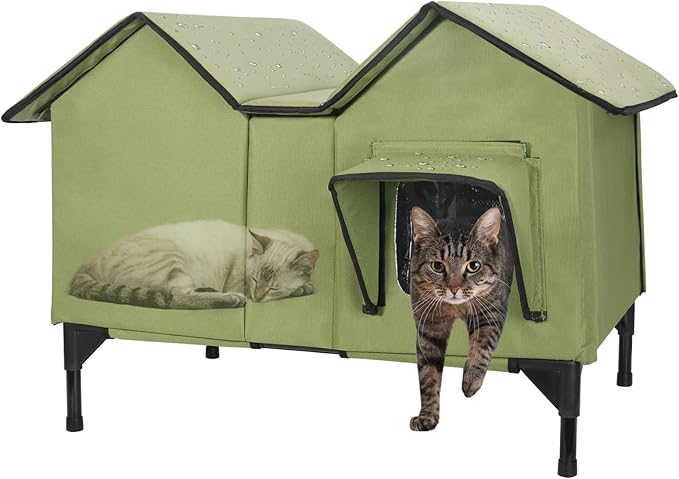 Extra Wide Large Cat Houses for Outdoor Cats Weatherproof, Elevated Waterproof Outdoor Cat House, Outside Stray Cat Shelter for Multiple Cats Small Dogs (Green, Unheated)