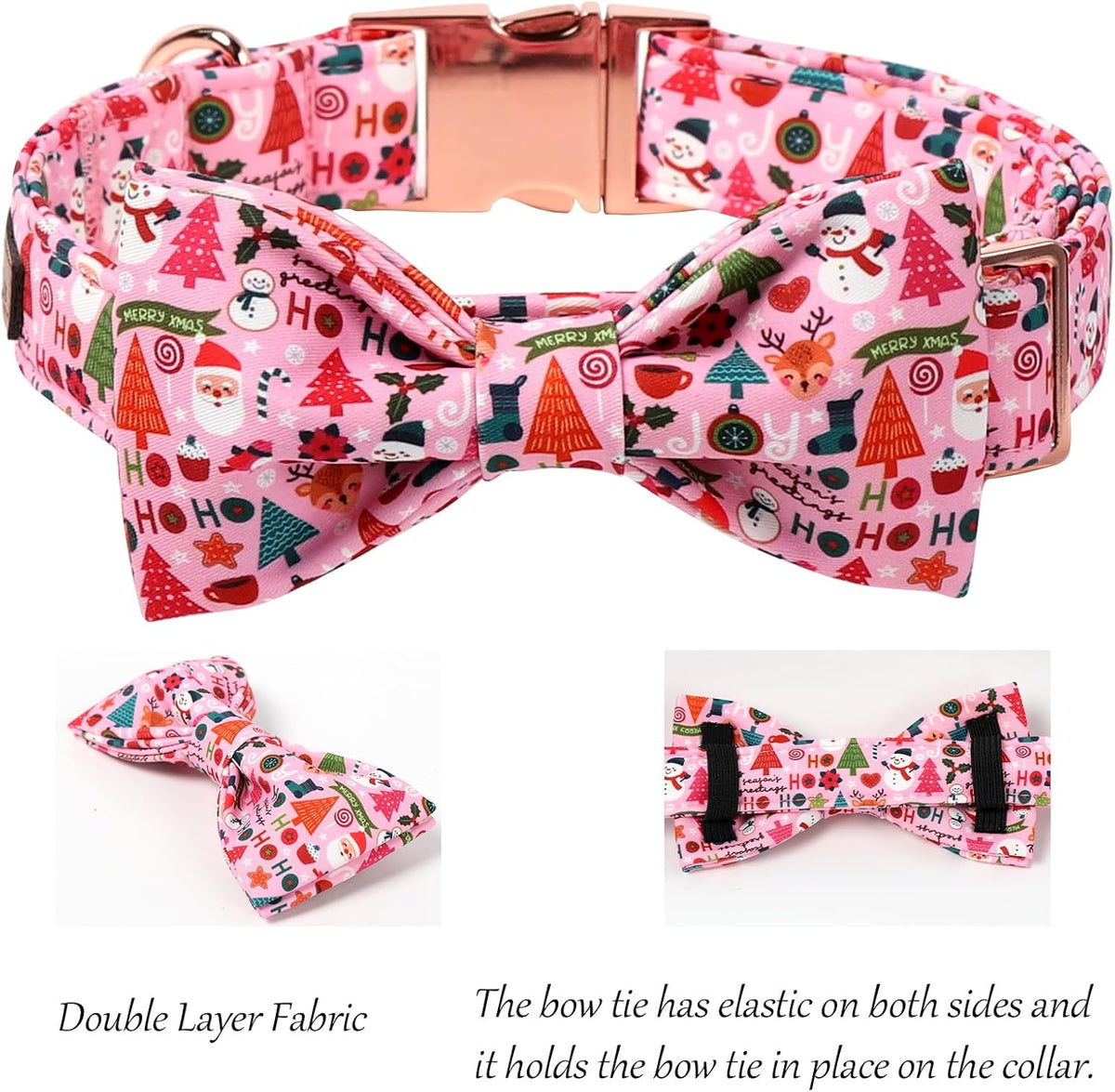 Lionet Paws Christmas Dog Collar with Bow tie,Cute Ho Christmas Tree Snowman Pink Dog Collar Bow Tie for Large Dogs Female, Neck 16-24 inches